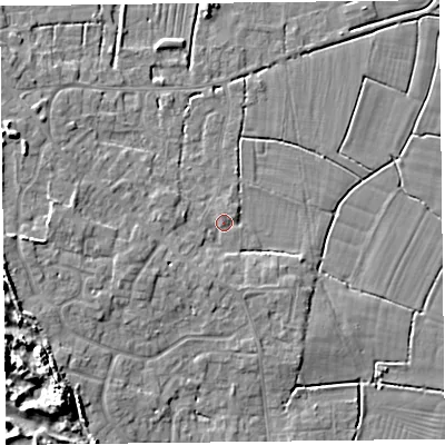 Shaded relief map of the ground around TA82LA, computed from Environment Agency LiDAR. The ground here sits at about 7 m above sea level and falls 11 m across the surrounding 800 m. Surface water reaching this point runs off ground lying to the south-south-west, 2.2 m higher.