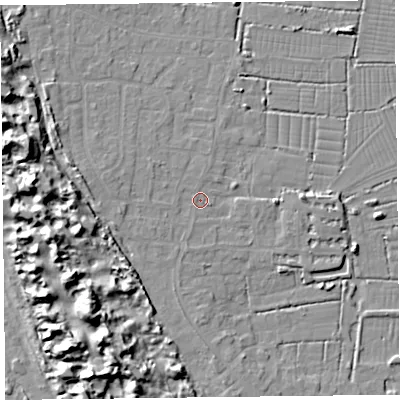 Shaded relief map of the ground around TA82LT, computed from Environment Agency LiDAR. The ground here sits at about 7 m above sea level and falls 15 m across the surrounding 800 m. Surface water reaching this point runs off ground lying to the south-west, 12.7 m higher.