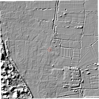 Shaded relief map of the ground around TA82LU, computed from Environment Agency LiDAR. The ground here sits at about 6 m above sea level and falls 15 m across the surrounding 800 m. Surface water reaching this point runs off ground lying to the west-south-west, 3.0 m higher.