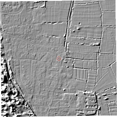 Shaded relief map of the ground around TA82NB, computed from Environment Agency LiDAR. The ground here sits at about 6 m above sea level and falls 13 m across the surrounding 800 m. Surface water reaching this point runs off ground lying to the south-west, 3.4 m higher.