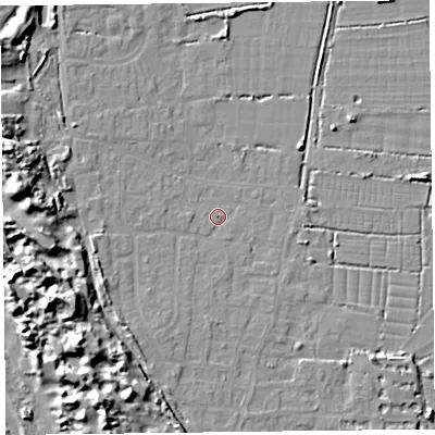 Shaded relief map of the ground around TA82ND, computed from Environment Agency LiDAR. The ground here sits at about 6 m above sea level and falls 15 m across the surrounding 800 m. Surface water reaching this point runs off ground lying to the west-south-west, 5.2 m higher.