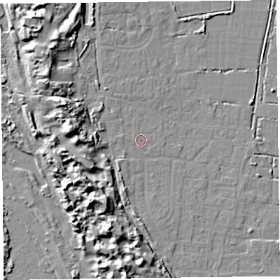 Shaded relief map of the ground around TA82NG, computed from Environment Agency LiDAR. The ground here sits at about 8 m above sea level and falls 15 m across the surrounding 800 m. Surface water reaching this point runs off ground lying to the south-west, 1.1 m higher.