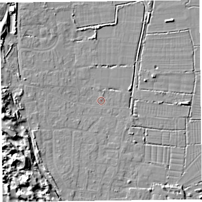 Shaded relief map of the ground around TA82NJ, computed from Environment Agency LiDAR. The ground here sits at about 6 m above sea level and falls 14 m across the surrounding 800 m. Surface water reaching this point runs off ground lying to the west, 13.4 m higher.