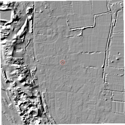 Shaded relief map of the ground around TA82NL, computed from Environment Agency LiDAR. The ground here sits at about 7 m above sea level and falls 15 m across the surrounding 800 m. Surface water reaching this point runs off ground lying to the west-south-west, 0.6 m higher.