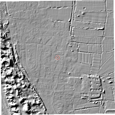 Shaded relief map of the ground around TA82NN, computed from Environment Agency LiDAR. The ground here sits at about 6 m above sea level and falls 15 m across the surrounding 800 m. Surface water reaching this point runs off ground lying to the west-south-west, 2.7 m higher.