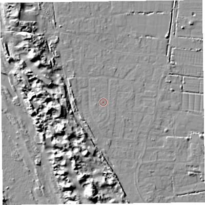 Shaded relief map of the ground around TA82NW, computed from Environment Agency LiDAR. The ground here sits at about 8 m above sea level and falls 15 m across the surrounding 800 m. Surface water reaching this point runs off ground lying to the south, 1.8 m higher.