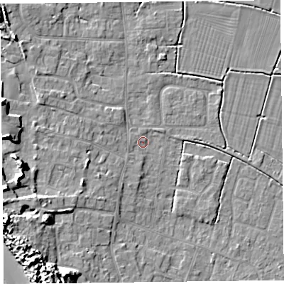 Shaded relief map of the ground around TA82NX, computed from Environment Agency LiDAR. The ground here sits at about 6 m above sea level and falls 13 m across the surrounding 800 m. Surface water reaching this point runs off ground lying to the south-south-west, 2.2 m higher.