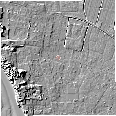 Shaded relief map of the ground around TA82NZ, computed from Environment Agency LiDAR. The ground here sits at about 6 m above sea level and falls 14 m across the surrounding 800 m. Surface water reaching this point runs off ground lying to the west-south-west, 11.8 m higher.