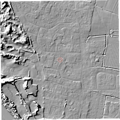 Shaded relief map of the ground around TA82PB, computed from Environment Agency LiDAR. The ground here sits at about 7 m above sea level and falls 13 m across the surrounding 800 m. Surface water reaching this point runs off ground lying to the south-west, 10.6 m higher.