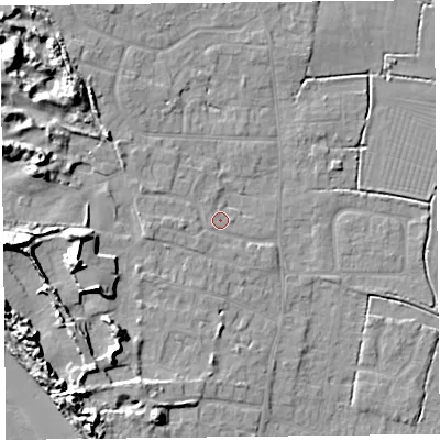 Shaded relief map of the ground around TA82PD, computed from Environment Agency LiDAR. The ground here sits at about 7 m above sea level and falls 13 m across the surrounding 800 m. Surface water reaching this point runs off ground lying to the west, 2.0 m higher.