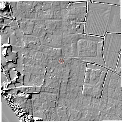 Shaded relief map of the ground around TA82PF, computed from Environment Agency LiDAR. The ground here sits at about 7 m above sea level and falls 13 m across the surrounding 800 m. Surface water reaching this point runs off ground lying to the west-south-west, 10.5 m higher.