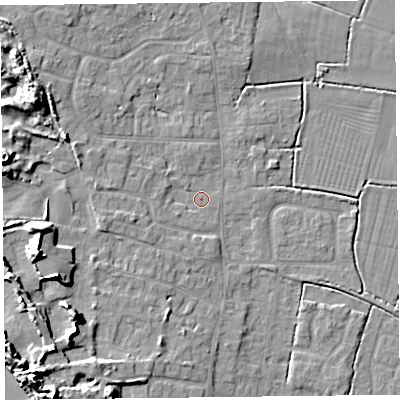 Shaded relief map of the ground around TA82PG, computed from Environment Agency LiDAR. The ground here sits at about 6 m above sea level and falls 13 m across the surrounding 800 m. Surface water reaching this point runs off ground lying to the west-south-west, 3.7 m higher.