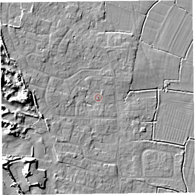 Shaded relief map of the ground around TA82PL, computed from Environment Agency LiDAR. The ground here sits at about 6 m above sea level and falls 13 m across the surrounding 800 m. Surface water reaching this point runs off ground lying to the west, 10.0 m higher.