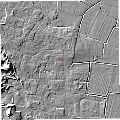 Shaded relief map of the ground around TA82PN, computed from Environment Agency LiDAR. The ground here sits at about 7 m above sea level and falls 13 m across the surrounding 800 m. Surface water reaching this point runs off ground lying to the north-north-east, 1.0 m higher.