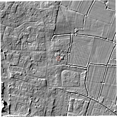 Shaded relief map of the ground around TA82PQ, computed from Environment Agency LiDAR. The ground here sits at about 6 m above sea level and falls 11 m across the surrounding 800 m. Surface water reaching this point runs off ground lying to the west, 5.8 m higher.
