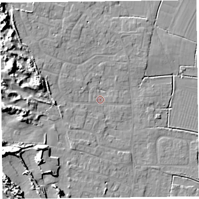 Shaded relief map of the ground around TA82PW, computed from Environment Agency LiDAR. The ground here sits at about 6 m above sea level and falls 13 m across the surrounding 800 m. Surface water reaching this point runs off ground lying to the west-north-west, 9.3 m higher.