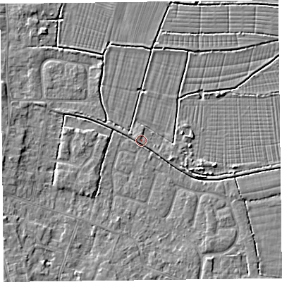 Shaded relief map of the ground around TA82PX, computed from Environment Agency LiDAR. The ground here sits at about 6 m above sea level and falls 4 m across the surrounding 800 m. Surface water reaching this point runs off ground lying to the south-west, 3.6 m higher.