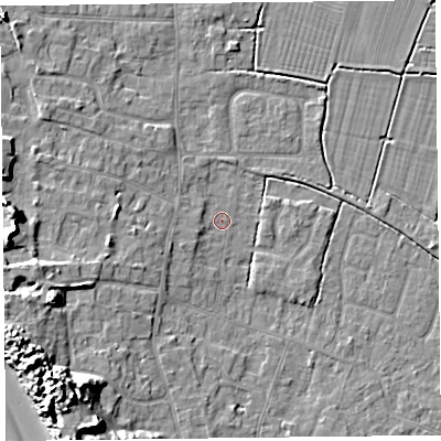 Shaded relief map of the ground around TA82PY, computed from Environment Agency LiDAR. The ground here sits at about 6 m above sea level and falls 13 m across the surrounding 800 m. Surface water reaching this point runs off ground lying to the south-west, 2.1 m higher.