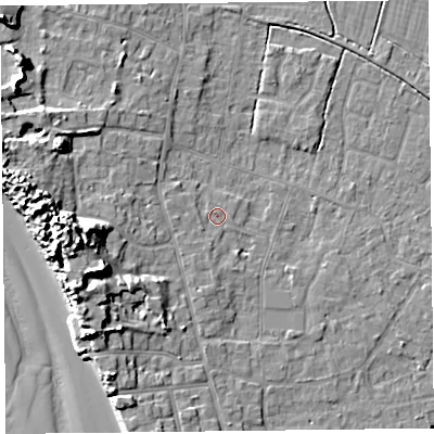 Shaded relief map of the ground around TA82PZ, computed from Environment Agency LiDAR. The ground here sits at about 7 m above sea level and falls 15 m across the surrounding 800 m. Surface water reaching this point runs off ground lying to the west, 11.1 m higher.