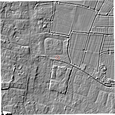 Shaded relief map of the ground around TA82QD, computed from Environment Agency LiDAR. The ground here sits at about 6 m above sea level and falls 13 m across the surrounding 800 m. Surface water reaching this point runs off ground lying to the south-west, 3.2 m higher.