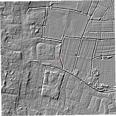 Shaded relief map of the ground around TA82QE, computed from Environment Agency LiDAR. The ground here sits at about 6 m above sea level and falls 5 m across the surrounding 800 m. Surface water reaching this point runs off ground lying to the west-south-west, 5.0 m higher.