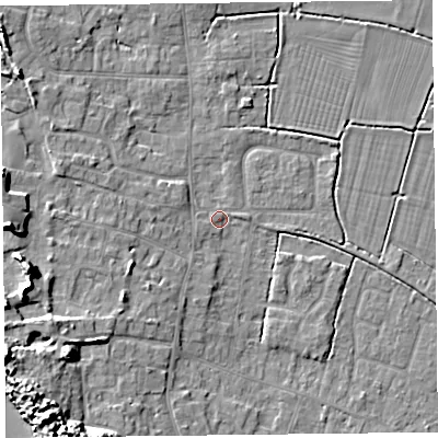 Shaded relief map of the ground around TA82QF, computed from Environment Agency LiDAR. The ground here sits at about 6 m above sea level and falls 13 m across the surrounding 800 m. Surface water reaching this point runs off ground lying to the west-south-west, 9.3 m higher.