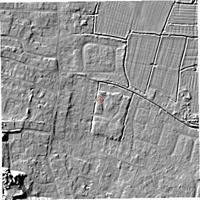 Shaded relief map of the ground around TA82QH, computed from Environment Agency LiDAR. The ground here sits at about 6 m above sea level and falls 13 m across the surrounding 800 m. Surface water reaching this point runs off ground lying to the west-south-west, 2.3 m higher.
