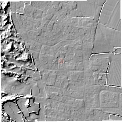 Shaded relief map of the ground around TA82QL, computed from Environment Agency LiDAR. The ground here sits at about 7 m above sea level and falls 14 m across the surrounding 800 m. Surface water reaching this point runs off ground lying to the west, 3.0 m higher.