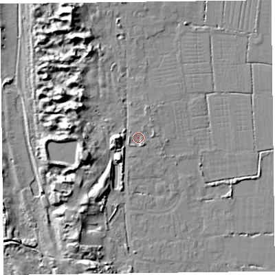 Shaded relief map of the ground around TA82QR, computed from Environment Agency LiDAR. The ground here sits at about 8 m above sea level and falls 15 m across the surrounding 800 m. Surface water reaching this point runs off ground lying to the south-east, 1.7 m higher.