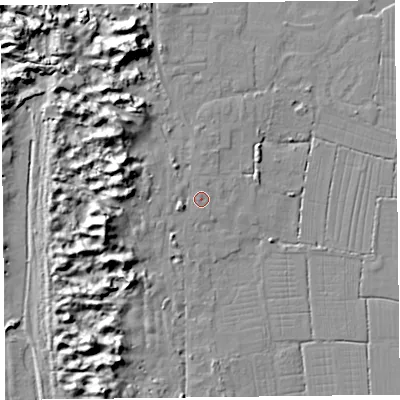 Shaded relief map of the ground around TA82QS, computed from Environment Agency LiDAR. The ground here sits at about 8 m above sea level and falls 16 m across the surrounding 800 m. Surface water reaching this point runs off ground lying to the west-north-west, 11.3 m higher.