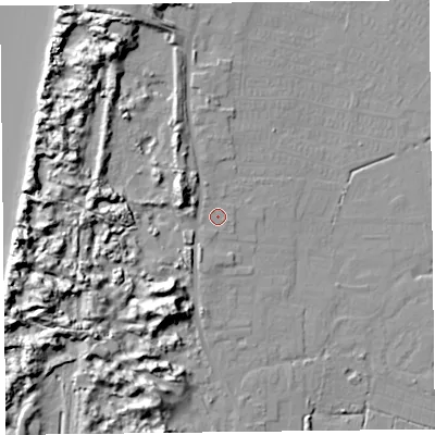 Shaded relief map of the ground around TA82QU, computed from Environment Agency LiDAR. The ground here sits at about 8 m above sea level and falls 16 m across the surrounding 800 m. Surface water reaching this point runs off ground lying to the south-south-west, 14.2 m higher.