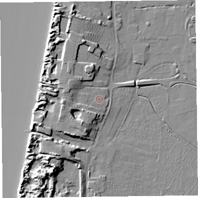 Shaded relief map of the ground around TA82QY, computed from Environment Agency LiDAR. The ground here sits at about 9 m above sea level and falls 15 m across the surrounding 800 m. Surface water reaching this point runs off ground lying to the south-west, 7.0 m higher.