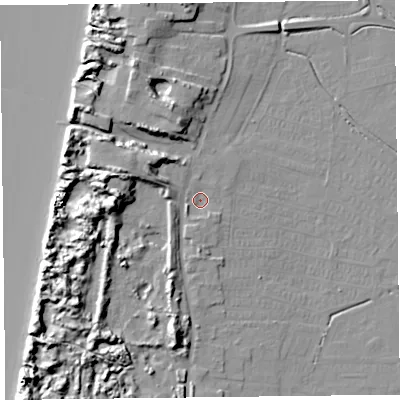 Shaded relief map of the ground around TA82RB, computed from Environment Agency LiDAR. The ground here sits at about 7 m above sea level and falls 15 m across the surrounding 800 m. Surface water reaching this point runs off ground lying to the west, 10.9 m higher.