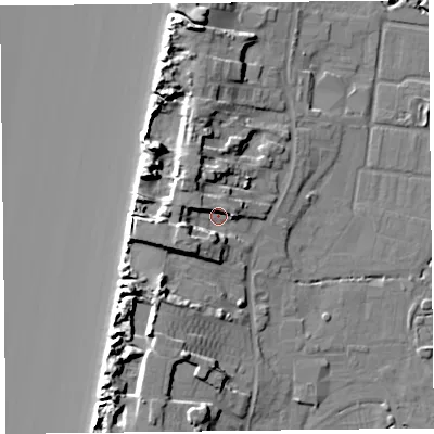 Shaded relief map of the ground around TA82RD, computed from Environment Agency LiDAR. The ground here sits at about 9 m above sea level and falls 16 m across the surrounding 800 m. Surface water reaching this point runs off ground lying to the west-south-west, 7.0 m higher.