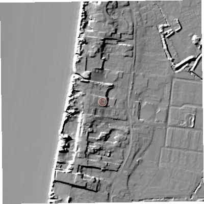 Shaded relief map of the ground around TA82RF, computed from Environment Agency LiDAR. The ground here sits at about 13 m above sea level and falls 16 m across the surrounding 800 m. Surface water reaching this point runs off ground lying to the west-north-west, 2.3 m higher.