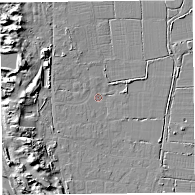 Shaded relief map of the ground around TA82RG, computed from Environment Agency LiDAR. The ground here sits at about 6 m above sea level and falls 15 m across the surrounding 800 m. Surface water reaching this point runs off ground lying to the west-north-west, 3.6 m higher.