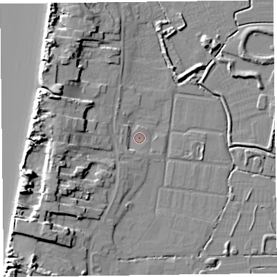 Shaded relief map of the ground around TA82RJ, computed from Environment Agency LiDAR. The ground here sits at about 6 m above sea level and falls 13 m across the surrounding 800 m. Surface water reaching this point runs off ground lying to the south-west, 1.5 m higher.