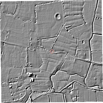 Shaded relief map of the ground around TA82RL, computed from Environment Agency LiDAR. The ground here sits at about 5 m above sea level and falls 5 m across the surrounding 800 m. Surface water reaching this point runs off ground lying to the north, 2.5 m higher.