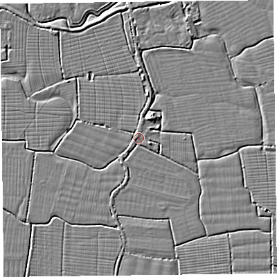 Shaded relief map of the ground around TA82RN, computed from Environment Agency LiDAR. The ground here sits at about 6 m above sea level and falls 4 m across the surrounding 800 m. Surface water reaching this point runs off ground lying to the north-north-west, 1.4 m higher.