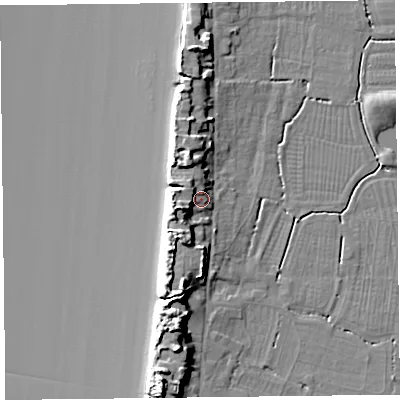 Shaded relief map of the ground around TA82RP, computed from Environment Agency LiDAR. The ground here sits at about 10 m above sea level and falls 15 m across the surrounding 800 m. Surface water reaching this point runs off ground lying to the west-south-west, 6.2 m higher.