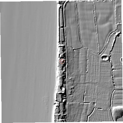 Shaded relief map of the ground around TA82RR, computed from Environment Agency LiDAR. The ground here sits at about 11 m above sea level and falls 12 m across the surrounding 800 m. Surface water reaching this point runs off ground lying to the north, 3.1 m higher.