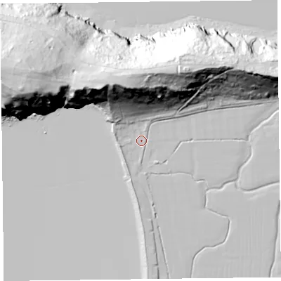 Shaded relief map of the ground around TA82RS, computed from Environment Agency LiDAR. The ground here sits at about 7 m above sea level and falls 83 m across the surrounding 800 m. Surface water reaching this point runs off ground lying to the north-north-west, 53.9 m higher.