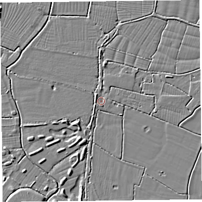 Shaded relief map of the ground around TA82RW, computed from Environment Agency LiDAR. The ground here sits at about 6 m above sea level and falls 4 m across the surrounding 800 m. Surface water reaching this point runs off ground lying to the west, 1.4 m higher.