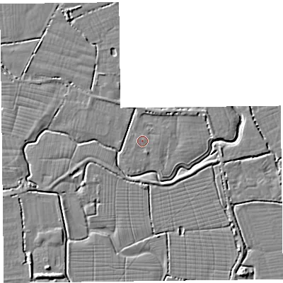 Shaded relief map of the ground around TA82SD, computed from Environment Agency LiDAR. The ground here sits at about 6 m above sea level and falls 4 m across the surrounding 800 m. The ground contributing surface water to this point lies to the west.