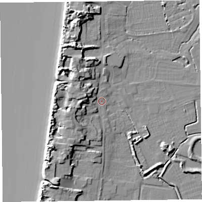 Shaded relief map of the ground around TA82SE, computed from Environment Agency LiDAR. The ground here sits at about 7 m above sea level and falls 15 m across the surrounding 800 m. Surface water reaching this point runs off ground lying to the north-west, 7.9 m higher.