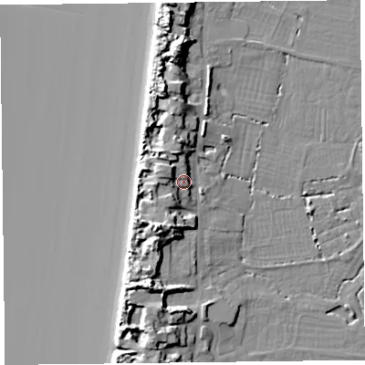 Shaded relief map of the ground around TA82SF, computed from Environment Agency LiDAR. The ground here sits at about 11 m above sea level and falls 16 m across the surrounding 800 m. Surface water reaching this point runs off ground lying to the west-south-west, 5.3 m higher.