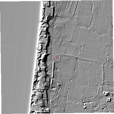 Shaded relief map of the ground around TA82SG, computed from Environment Agency LiDAR. The ground here sits at about 7 m above sea level and falls 15 m across the surrounding 800 m. Surface water reaching this point runs off ground lying to the south-west, 9.6 m higher.
