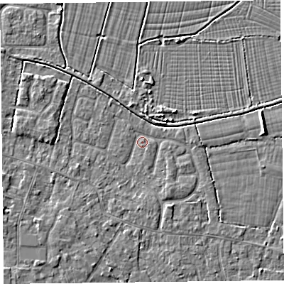 Shaded relief map of the ground around TA82SL, computed from Environment Agency LiDAR. The ground here sits at about 6 m above sea level and falls 4 m across the surrounding 800 m. Surface water reaching this point runs off ground lying to the south-south-west, 1.8 m higher.
