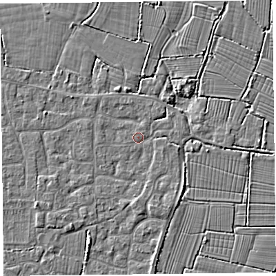 Shaded relief map of the ground around TA82SS, computed from Environment Agency LiDAR. The ground here sits at about 6 m above sea level and falls 3 m across the surrounding 800 m. Surface water reaching this point runs off ground lying to the west-south-west, 1.6 m higher.