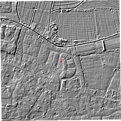 Shaded relief map of the ground around TA82ST, computed from Environment Agency LiDAR. The ground here sits at about 6 m above sea level and falls 4 m across the surrounding 800 m. Surface water reaching this point runs off ground lying to the south-south-east, 1.1 m higher.